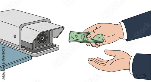CCTV camera observes hands exchanging money. Concept of privacy, data monetization, security costs, or bribery.