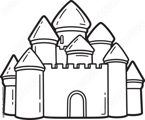 Whimsical hand drawn black and white castle illustration with multiple towers and crenellations