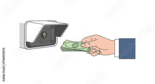 Hand bribing security camera with cash, symbolizing corruption, surveillance compromise, or illegal transactions