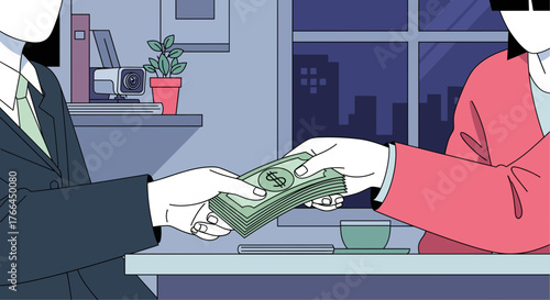 Hand to hand money exchange: Two individuals making a financial transaction in a modern office setting. Payment concept.