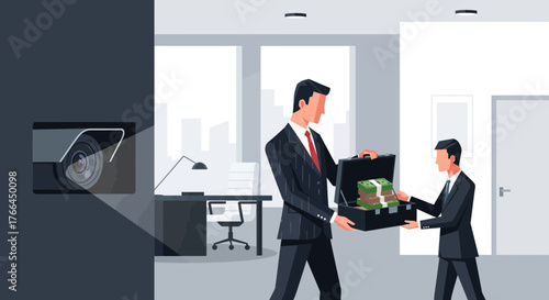 Illegal Business Transaction: Businessmen exchange money in a briefcase, monitored by a security camera in a corporate office.