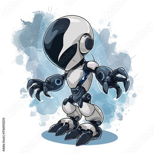 Cartoon robot with sharp claws is depicted against a muted blue watercolor background.