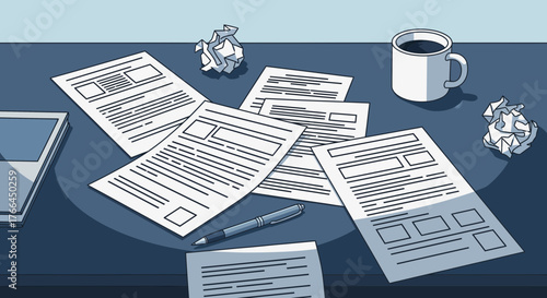 Paperwork Overload: Illustration of a Busy Desk with Documents and Coffee