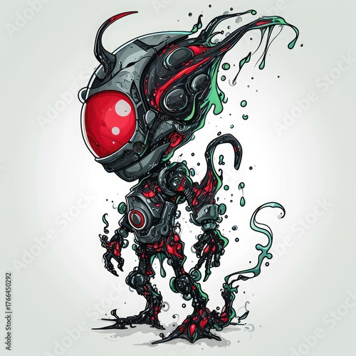 Futuristic robot with a unique, melted aesthetic and vibrant color scheme on white background