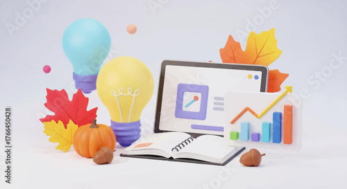 Autumn business concept with light bulbs tablet notebook and graph illustration