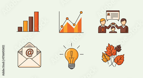 Business growth charts and teamwork icons representing success and collaboration