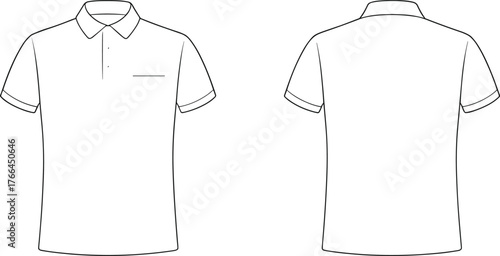 Front and back view of short sleeve polo shirt vector template, collar t-shirt design, casual fashion apparel technical flat sketch