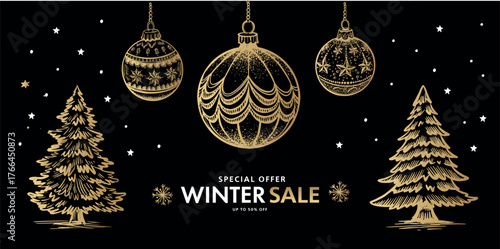 Winter sale, Christmas tree, ball and star set on blue, Hand drawn illustration.	
