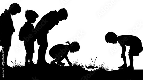 Discovery Scene

A black and white silhouette of several children exploring something on the ground, bending, pointing, and leaning close, while an adult stands nearby observing. All figures in solid 