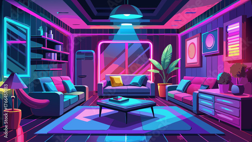 Realistic vector of modern living room illuminated by pink and blue neon lights, reflective surfaces, cozy furniture, night interior scene, stylish mood lighting, vibrant glow, cinematic atmosphere