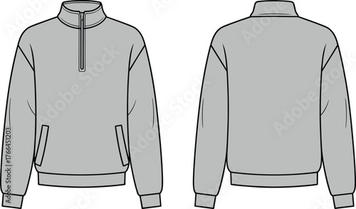 Front and back view of unisex half zip sweatshirt design template, long sleeve pullover mockup, high neck fashion apparel flat illustration
