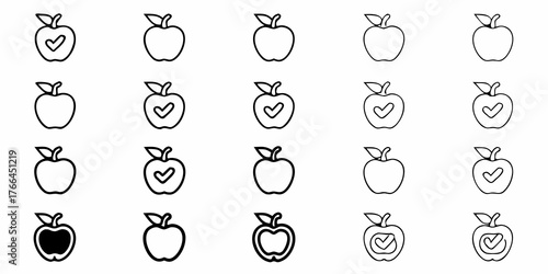 Stylish Apple Icon Set for Healthy Food, Nutrition, and Wellness Projects, Featuring Unique Outlines and Checkmarks for Authenticity and Quality