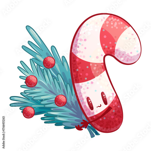 Cute candy cane with Christmas tree branches on a white background. A smiling Christmas and New Year character. Children's cartoon vector illustration for the design of postcards, printing, textiles
