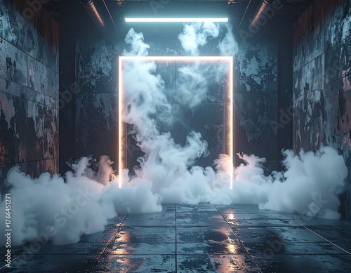 Moody neon-lit room with smoky haze and dark, textured walls