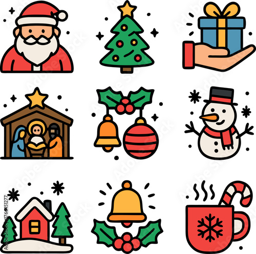 Christmas themed icons perfect for holiday designs like cards, invitations, social media posts, websites, and promotional materials. Festive and versatile.