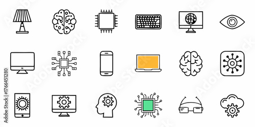 Technology gadgets and innovation line icons, representing artificial intelligence, virtual reality, and advanced computing in a modern design, perfect for technology