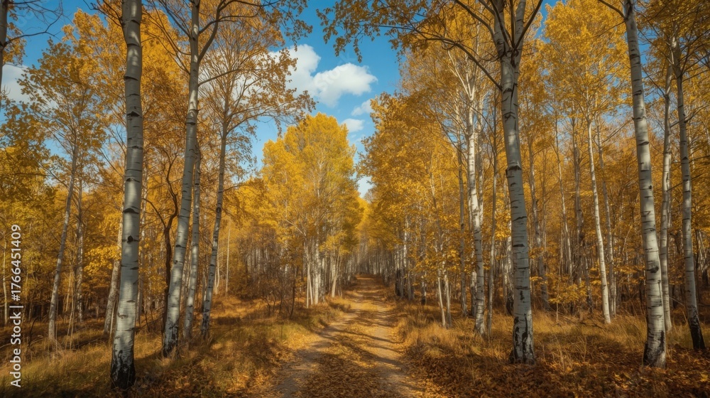 Obraz premium A scenic view of a path through a vibrant autumn birch forest with a clear blue sky above the trees