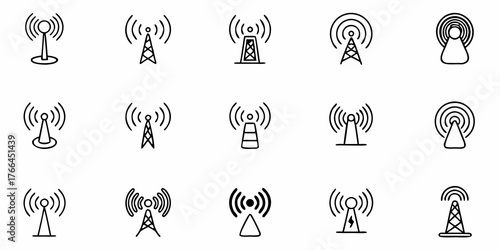 Fifteen dynamic communication tower icons showcase modern connectivity solutions for telecommunications and broadcast industries, ideal for tech design projects