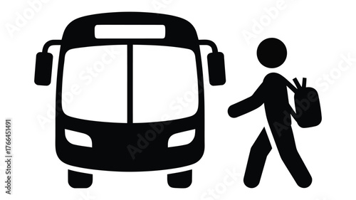 black and white icon of front view bus with walking person carrying backpack symbolizing public transport, commuting, and school travel