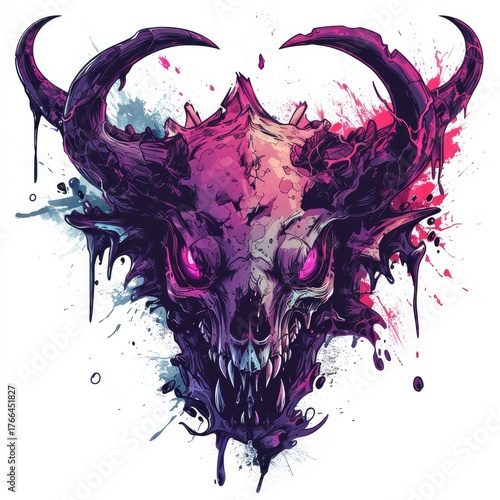 Demonic skull with large curving horns is depicted against a backdrop of colorful paint splatters.