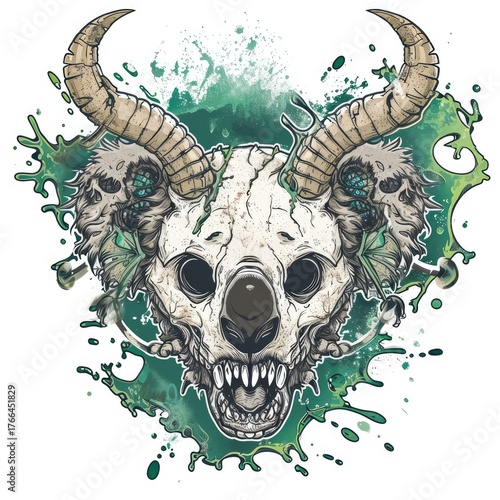 A stylized koala skull with large horns is depicted against a backdrop of green paint splashes.