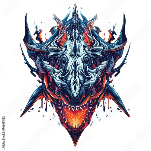 Stylized cybernetic dragon head with vibrant colors and sharp details on white background