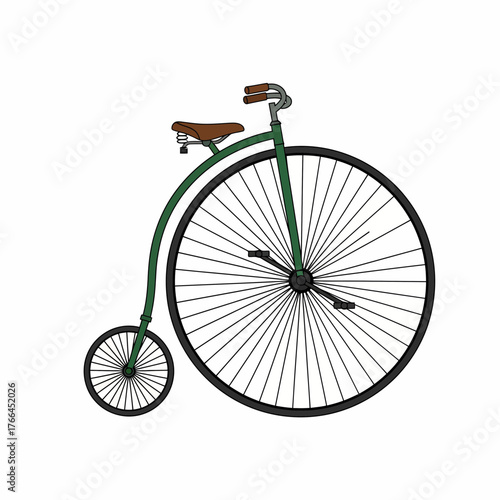 Classic Penny Farthing Bicycle Illustration with Green Frame and Brown Seat.