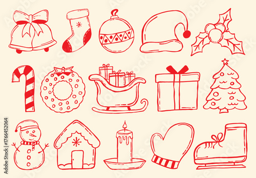 Set of hand drawn Christmas elements in outline doodle style, including tree, bell, gifts, candle, candy cane, gingerbread house, holly, ornament, and more. Perfect for festive and holiday designs