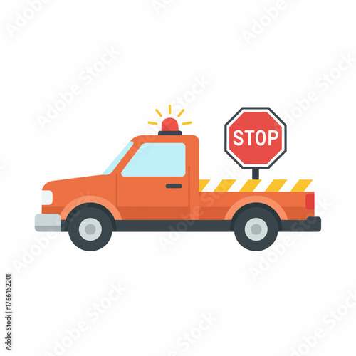 Road service pickup truck with stop sign and siren light vector illustration.