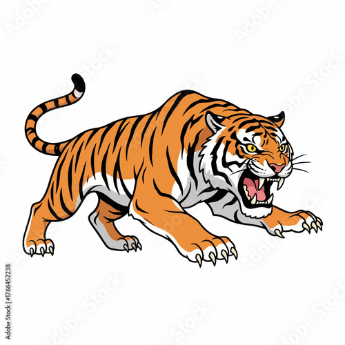 Roaring Tiger Illustration with Stripes and Sharp Claws.