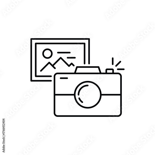 Photo camera line icon. Image photography sign. Picture placeholder symbol. Minimal line illustration background. Photo camera line icon pattern banner. White web template concept. Vector