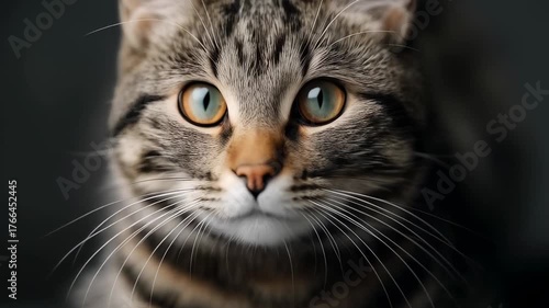 Curious tabby cat lying in dark background