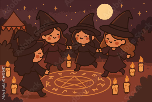 Witch Coven Party with Dancing Witches Vector Illustration