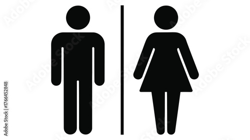 black and white restroom icon showing male and female symbols separated by vertical line used for gender identification in public signage