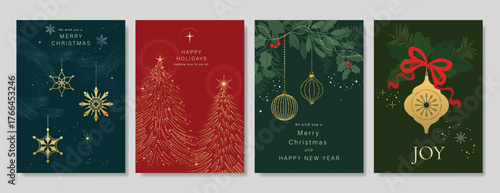 Christmas and Happy holiday greeting card vector set. Elegant wallpaper with pine tree, snowflake, bauble, holly leaf. Holidays design illustration for cover, print, poster, Happy New Year, ads.
