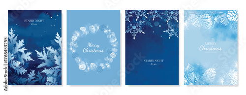 Christmas and Happy holiday greeting card vector set. Elegant wallpaper with pine leaves, pinecone, snowflake. Holidays design illustration for cover, print, poster, Happy New Year, ads.