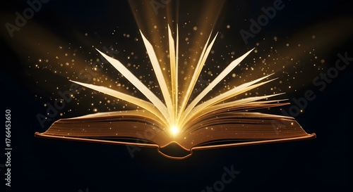 Illuminating Knowledge Open Book with Glowing Light Emanating, Shining Wisdom and Magic