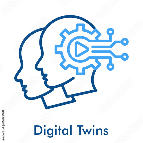 Digital Twins Icon. Outline Color Icon Style. Virtual model simulation and physical object replica symbol.
