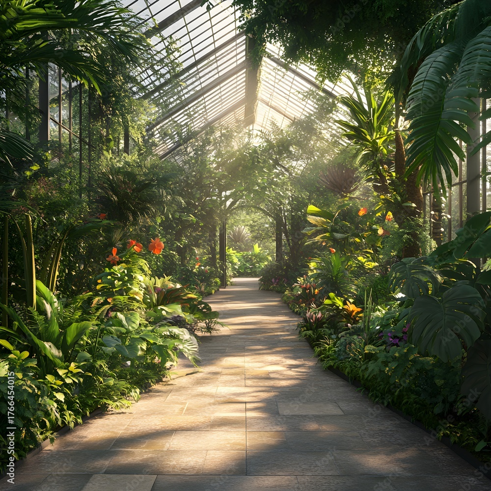 Naklejka premium Sunlit Botanical Garden Path Lush Green Plants Stone Walkway