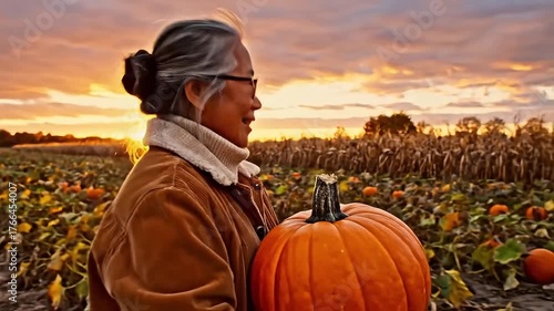 Elderly woman holding a large pumpkin in a field at sunset, embracing the autumn harvest season.