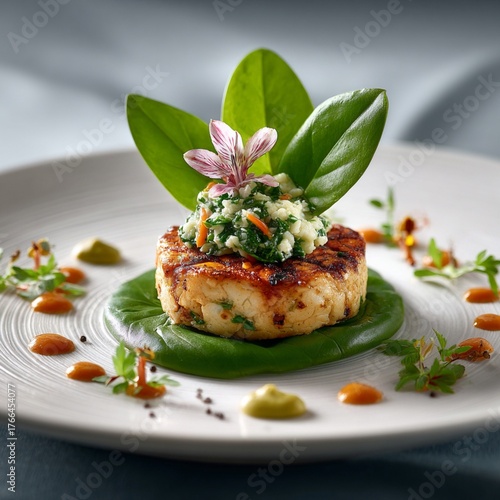 Close-Up of a Platter with Leafy Garnish on Top, Culinary Presentation