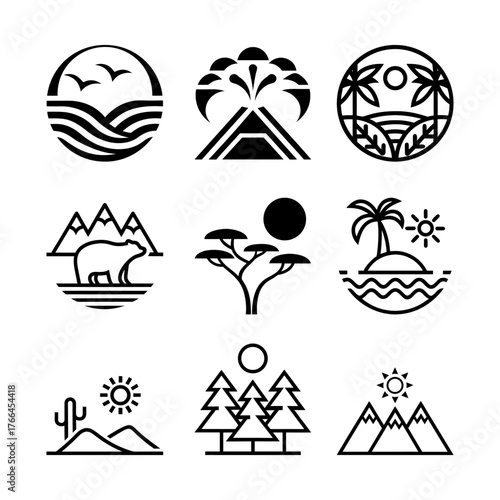 A minimalist linear icon collection representing diverse corners of the planet