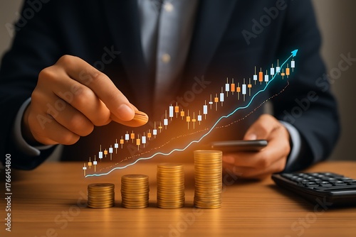 Person stacking gold coins on table using smartphone showing increasing graph chart arrow symbolizing investment growth financial planning and business success strategy innovation.
