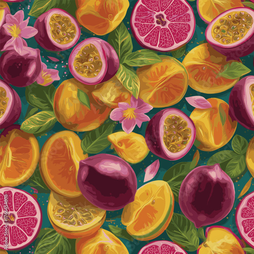 A vibrant and colorful pattern of passion fruits and mango slices.