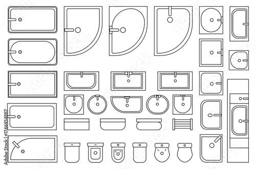 bathroom sanitary items vectors, architectural icons set of  baths,shells, toilets, washbasins, urinals, showers topview