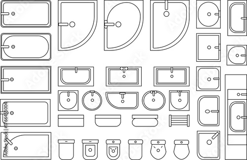 Papier peint bathroom sanitary items vectors, architectural icons set of  baths,shells, toile