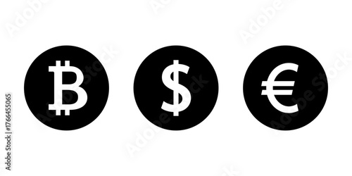Bitcoin, dollar, and euro money icon in black circle. Financial currency symbol