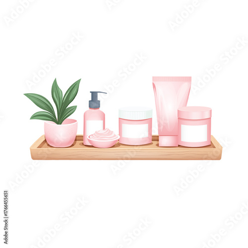 Set of pink cosmetic bottles and skincare containers on wooden tray with small green plant