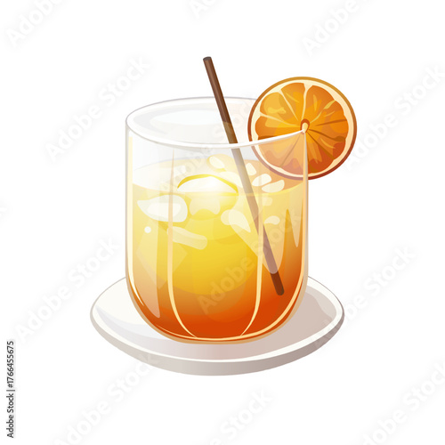 Fresh glass of cold orange juice with a lemon slice and ice cubes, a citrus fruit beverage served as a summer refreshment isolated on a white background