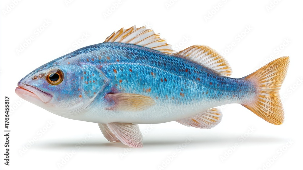 Fototapeta premium A Detailed Sharp Studio Shot of a Bright Blue Fish with Orange Speckled Fins and Scales Against a Clean White Background with Soft Lighting